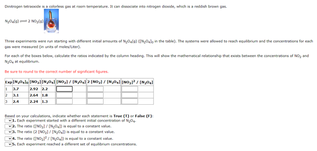 Dinitrogen tetraoxide is a colorless gas at room temperature. It can dissociate into nitrogen dioxide, which is a reddish brown gas.
Three experiments were run starting with different initial amounts of N304(a) ([N;04lo in the table). The systems were allowed to reach equilibrium and the concentrations for each
gas were measured (in units of moles/Liter).
For each of the boxes below, cakulate the ratios indicated by the column heading. This will show the mathematical relationship that exists between the concentrations of NO, and
Ng04 at equilibrium.
Be sure to round to the correct number of significant figures.
Exp (N,0,lo (NO,) [N,04] (NO,] / [N,04] 2 [NO,] / [N,04] [NO,}? / [N,04)
1 3.7
2 3.1
2.92 2.2
2.64 1.8
3 2.4
2.24 1.3
Based on your calculations, indicate whether each statement is True (T) or False (F):
v1. Each experiment started with a different initial concentration of NgO4-
v2. The ratio ([NO,] / [N,04]) is equal to a constant value.
v3. The ratio (2 [NO2]/ [N,041) is equal to a constant value.
4. The ratio ([NO21? / [N04l) is equal to a constant value.
v5. Each experiment reached a different set of equilibrium concentrations.
