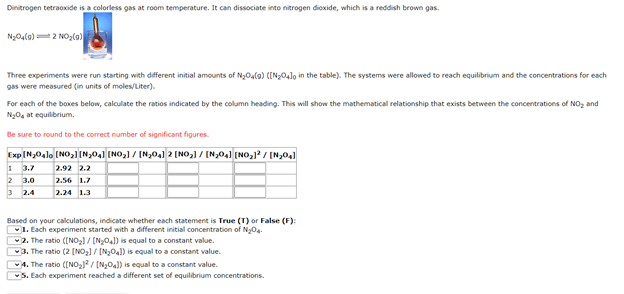 Dinitrogen tetraoxide is a colorless gas at room temperature. It can dissociate into nitrogen dioxide, which is a reddish brown gas.
Ng04la)2 NOzlo)
Three experiments were run starting with different initial amounts of NgOala) ([N;04lo in the table). The systems were allowed to reach equilibrium and the concentrations for each
gas were measured (in units of moles/Liter).
For each of the boxes below, calculate the ratios indicated by the column heading. This will show the mathematical relationship that exists between the concentrations of NO, and
N0, at equilbrium,
Be sure to round to the correct number of significant figures.
Exp [N30,lo [NO,1 [N,04) [NO,] / [N,04] 2 [NO,) / [N,0,] (NO,]? / [N,04)
1 3.7
2.92 2.2
3.0
2.56 1.7
3 2.4
2.24 1.3
Based on your calculations, indicate whether each statement is True (T) or False (F):
1. Each experiment started with a different initial concentration of NyO4.
2. The ratio ([NO2) / [N04l) is equal to a constant value.
3. The ratio (2 (NO,] / [N304]) is equal to a constant value.
4. The ratio ([NO2 / [N,04]) is equal to a constant value.
5. Each experiment reached a different set of equilibrium concentrations.
