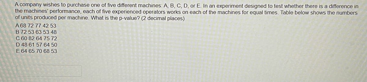 A company wishes to purchase one of five different machines: A, B, C, D, or E. In an experiment designed to test whether there is a difference in
the machines' performance, each of five experienced operators works on each of the machines for equal times. Table below shows the numbers
of units produced per machine. What is the p-value? (2 decimal places)
A 68 72 77 42 53
B 72 53 63 53 48
C 60 82 64 75 72
D 48 61 57 64 50
E 64 65 70 68 53
