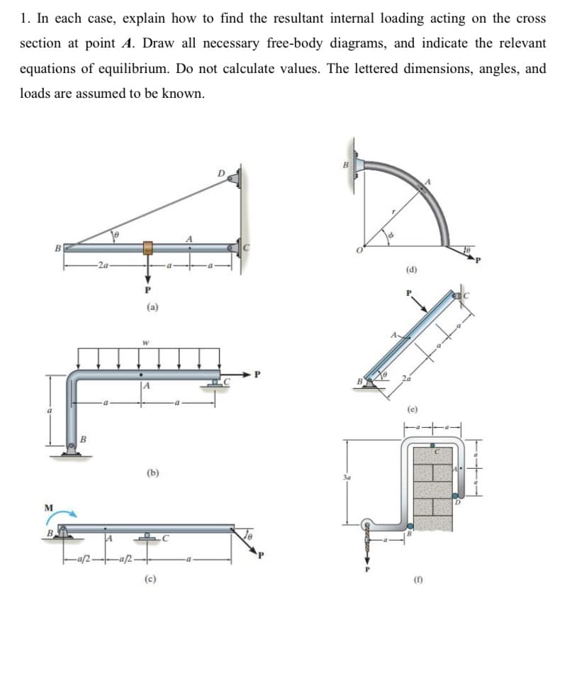 1. In each case, explain how to find the resultant internal loading acting on the cross
section at point A. Draw all necessary free-body diagrams, and indicate the relevant
equations of equilibrium. Do not calculate values. The lettered dimensions, angles, and
loads are assumed to be known.
(d)
(a)
B
(b)
M
B
(c)
(f)
