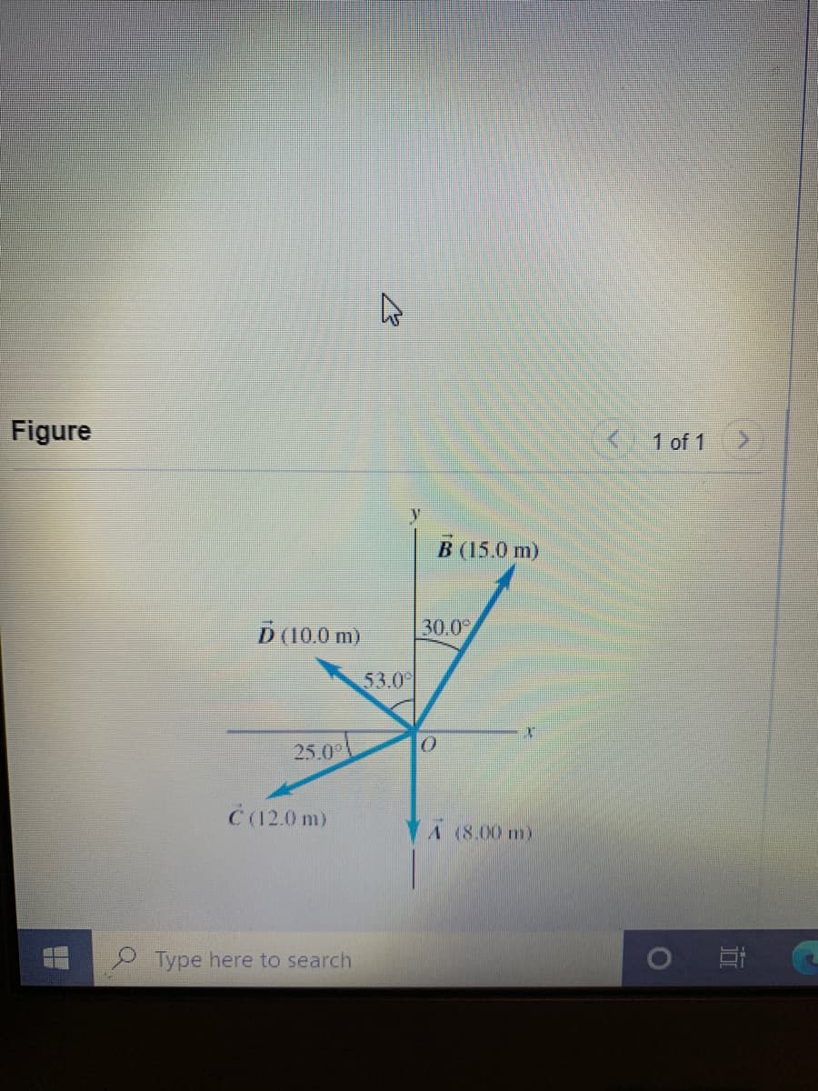 Figure
K1 of 1
y
B (15.0 m)
D (10.0 m)
30.0°
53.0
25.0
Č (12.0 m)
A (8.00 m)
Type here to search
