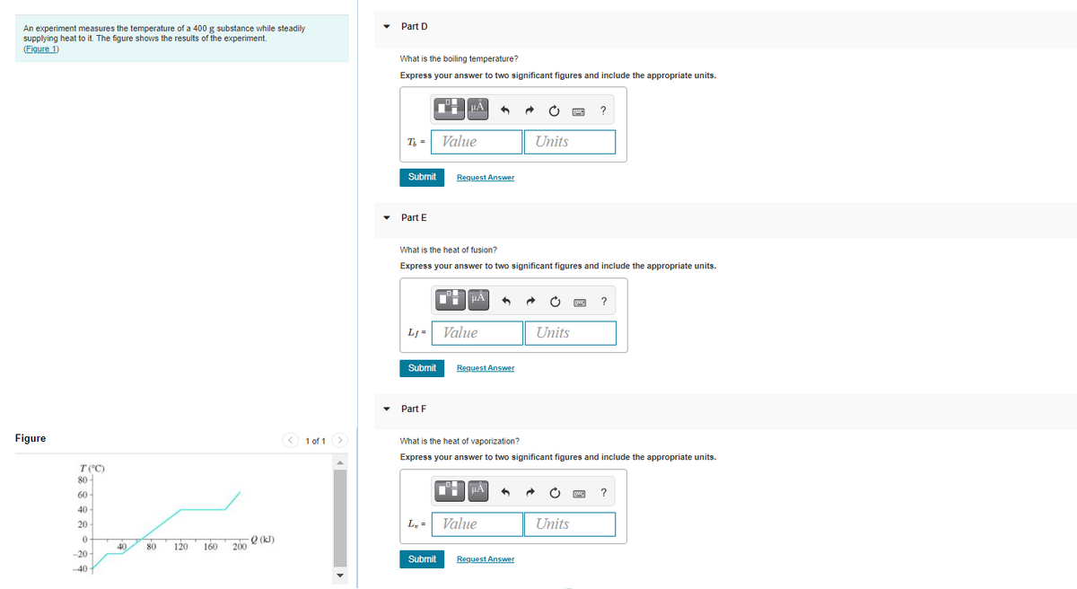 Part D
An experiment measures the temperature of a 400 g substance while steadily
supplying heat to it. The figure shows the results of the experiment.
(Figure 1
What is the boiling temperature?
Express your answer to two significant figures and include the appropriate units.
HA
?
T =
Value
Units
Submit
Request Answer
Part E
What is the heat of fusion?
Express your answer to two significant figures and include the appropriate units.
HÀ
?
L; =
Value
Units
Submit
Request Answer
Part F
Figure
< 1 of 1>
What is the heat of vaporization?
Express your answer to two significant figures and include the appropriate units.
T(°C)
80 -
HA
?
60
40
20
L, =
Value
Units
Q (kJ)
200
0-
40
80
120
160
-20
Submit
Request Answer
40
