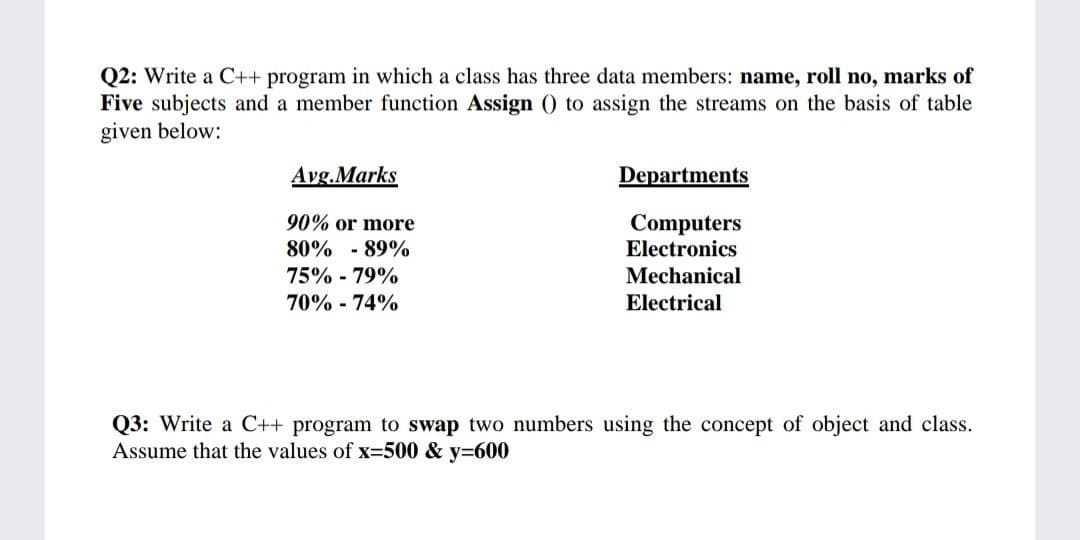 Q2: Write a C++ program in which a class has three data members: name, roll no, marks of
Five subjects and a member function Assign () to assign the streams on the basis of table
given below:
Avg.Marks
Departments
90% or more
Computers
Electronics
80% - 89%
75% - 79%
70% - 74%
Mechanical
Electrical
Q3: Write a C++ program to swap two numbers using the concept of object and class.
Assume that the values of x-500 & y=600
