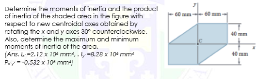 Determine the moments of inertia and the product
of inertia of the shaded area in the figure with
respect to new centroidal axes obtained by
rotating the x and y axes 30° counterclockwise.
Also, determine the maximum and minimum
moments of inertia of the area.
60 mm-- 60 mm -
40 mm
(Ans. k =2.12 x 10s mm4, . ly=8.28 x 106 mm4
Pry = -0.532 x 10s mm4)
40 mm
