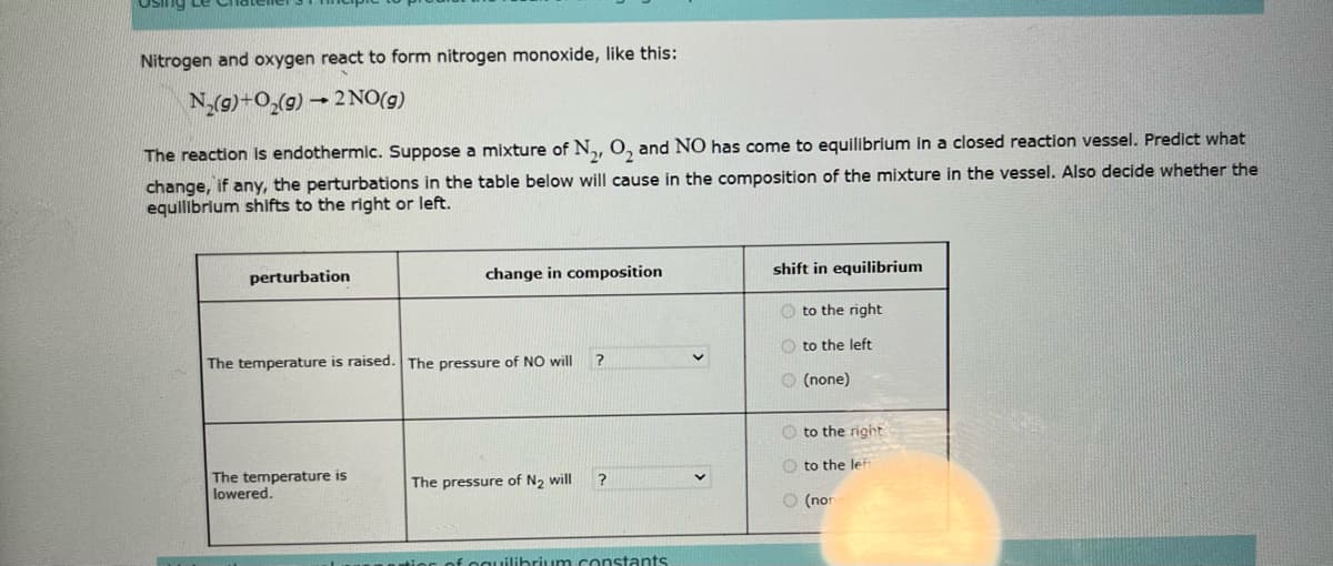 Nitrogen and oxygen react to form nitrogen monoxide, like this:
N₂(g) + O₂(g) → 2NO(g)
-
The reaction is endothermic. Suppose a mixture of N₂, O₂ and NO has come to equilibrium in a closed reaction vessel. Predict what
change, if any, the perturbations in the table below will cause in the composition of the mixture in the vessel. Also decide whether the
equilibrium shifts to the right or left.
perturbation
change in composition
The temperature is raised. The pressure of NO will
The temperature is
lowered.
The pressure of N₂ will
?
?
ilibrium constants
Y
shift in equilibrium
to the right
Oto the left
(none)
Oto the right
to the left
(no