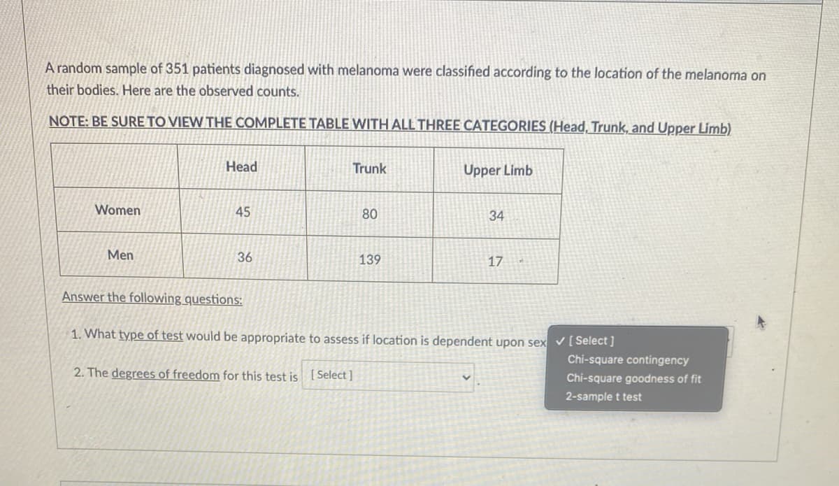 A random sample of 351 patients diagnosed with melanoma were classified according to the location of the melanoma on
their bodies. Here are the observed counts.
NOTE: BE SURE TO VIEW THẾ COMPLETE TABLE WITH ALL THREE CATEGORIES (Head, Trunk, and Upper Limb)
Head
Trunk
Upper Limb
Women
45
80
34
Men
36
139
17
Answer the following questions:
1. What type of test would be appropriate to assess if location is dependent upon sex [ Select ]
Chi-square contingency
2. The degrees of freedom for this test is [ Select ]
Chi-square goodness of fit
2-sample t test
