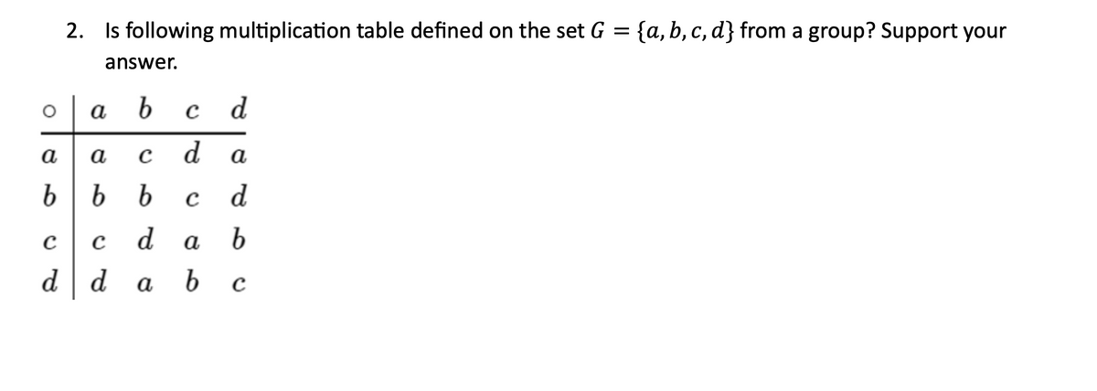 O
a
b
2. Is following multiplication table defined on the set G = {a, b, c, d} from a group? Support your
answer.
a
b
C
C
d d
C
a
с
b b с
d
a
d
a
b
d
a
d
b
с