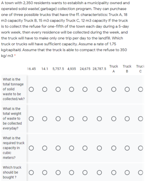 A town with 2,350 residents wants to establish a municipality owned and
operated solid waste( garbage) collection program. They can purchase
one of three possible trucks that have the ff. characteristics: Truck A, 18
m3 capacity Truck B, 15 m3 capacity Truck C, 12 m3 capacity If the truck
is to collect the refuse for one-fifth of the town each day during a 5-day
work week, then every residence will be collected during the week, and
the truck will have to make only one trip per day to the landfill. Which
truck or trucks will have sufficient capacity. Assume a rate of 1.75
kg/capitald. Assume that the truck is able to compact the refuse to 350
kg/ m3 *
14.1 5,757.5 4,935 24,675 28.787 5 Truck Truck Truck
16.45
A
B
What is the
total tonnage
of solid
waste to be
collected/wk?
What is the
total weight
of waste to
be collected
everyday?
What is the
required truck
сарacity in
cubic
meters?
Which truck
ооо о о о о
should be
bought ?
