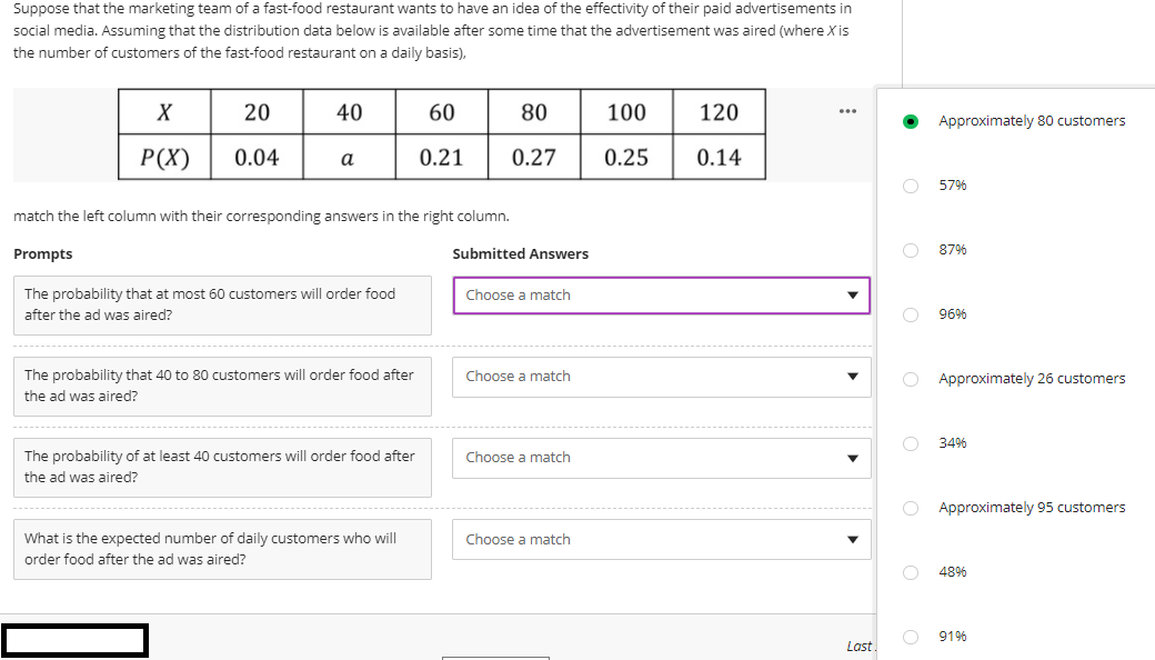 Suppose that the marketing team of a fast-food restaurant wants to have an idea of the effectivity of their paid advertisements in
social media. Assuming that the distribution data below is available after some time that the advertisement was aired (where X is
the number of customers of the fast-food restaurant on a daily basis),
X
20
40
60
80
100
120
...
Approximately 80 customers
Р(X)
0.04
a
0.21
0.27
0.25
0.14
O 57%
match the left column with their corresponding answers in the right column.
Prompts
Submitted Answers
87%
The probability that at most 60 customers will order food
Choose a match
after the ad was aired?
96%
The probability that 40 to 80 customers will order food after
Choose a match
Approximately 26 customers
the ad was aired?
34%
The probability of at least 40 customers will order food after
Choose a match
the ad was aired?
Approximately 95 customers
What is the expected number of daily customers who will
Choose a match
order food after the ad was aired?
48%
91%
Last.

