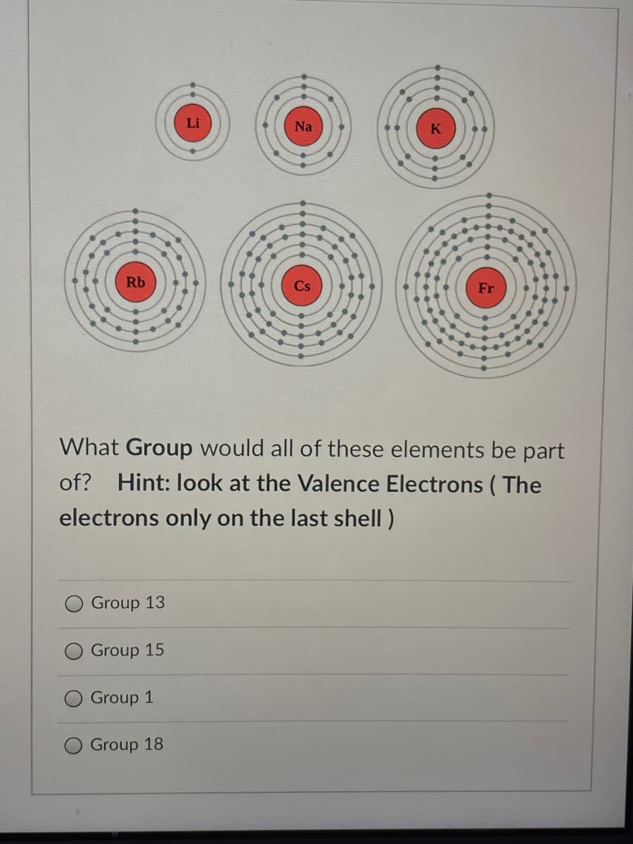 Li
Na
Rb
Fr
What Group would all of these elements be part
of?
Hint: look at the Valence Electrons ( The
electrons only on the last shell)
Group 13
Group 15
Group 1
Group 18
