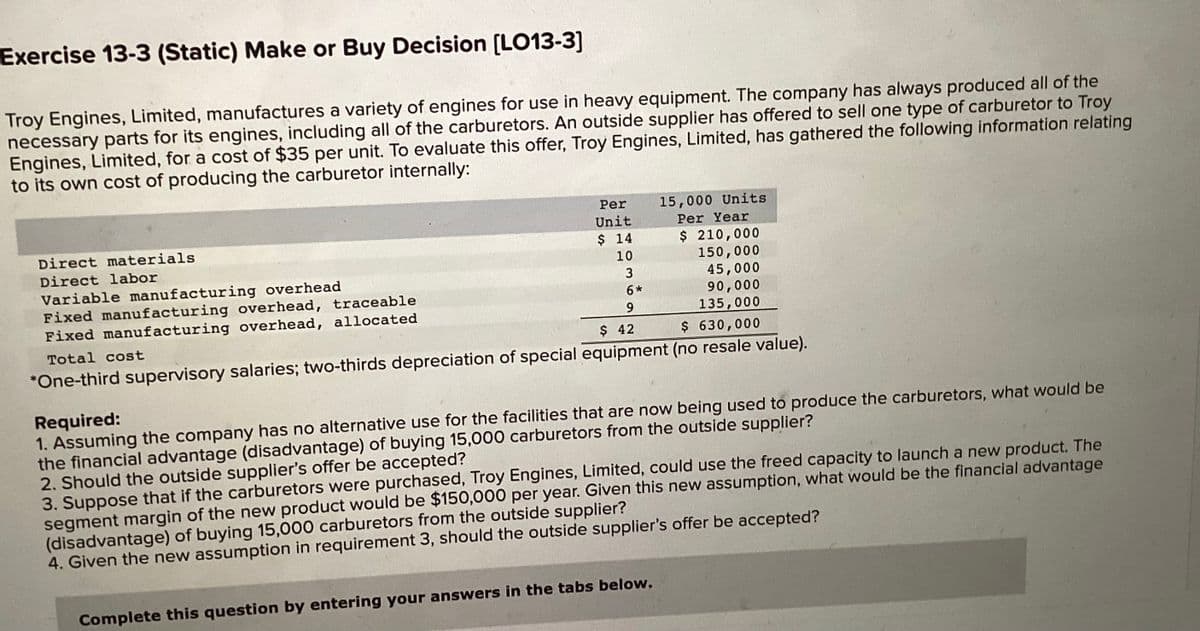 Exercise 13-3 (Static) Make or Buy Decision [LO13-3]
Troy Engines, Limited, manufactures a variety of engines for use in heavy equipment. The company has always produced all of the
necessary parts for its engines, including all of the carburetors. An outside supplier has offered to sell one type of carburetor to Troy
Engines, Limited, for a cost of $35 per unit. To evaluate this offer, Troy Engines, Limited, has gathered the following information relating
to its own cost of producing the carburetor internally:
Direct materials
Direct labor
Per
Unit
$ 14
10
3
6*
9
15,000 Units
Per Year
$ 210,000
150,000
45,000
90,000
135,000
Variable manufacturing overhead
Fixed manufacturing overhead, traceable
Fixed manufacturing overhead, allocated
Total cost
$ 42
$ 630,000
*One-third supervisory salaries; two-thirds depreciation of special equipment (no resale value).
Required:
1. Assuming the company has no alternative use for the facilities that are now being used to produce the carburetors, what would be
the financial advantage (disadvantage) of buying 15,000 carburetors from the outside supplier?
2. Should the outside supplier's offer be accepted?
3. Suppose that if the carburetors were purchased, Troy Engines, Limited, could use the freed capacity to launch a new product. The
segment margin of the new product would be $150,000 per year. Given this new assumption, what would be the financial advantage
(disadvantage) of buying 15,000 carburetors from the outside supplier?
4. Given the new assumption in requirement 3, should the outside supplier's offer be accepted?
Complete this question by entering your answers in the tabs below.