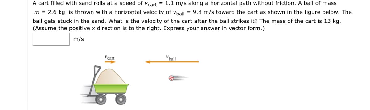 A cart filled with sand rolls at a speed of vcart = 1.1 m/s along a horizontal path without friction. A ball of mass
m = 2.6 kg is thrown with a horizontal velocity of vpall = 9.8 m/s toward the cart as shown in the figure below. The
ball gets stuck in the sand. What is the velocity of the cart after the ball strikes it? The mass of the cart is 13 kg.
(Assume the positive x direction is to the right. Express your answer in vector form.)
m/s
Vcart
Vball
