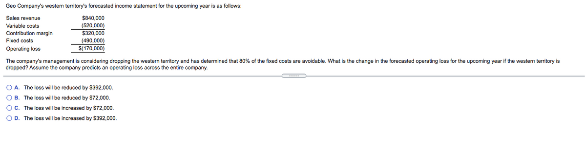 Geo Company's western territory's forecasted income statement for the upcoming year is as follows:
Sales revenue
$840,000
Variable costs
Contribution margin
(520,000)
$320,000
(490,000)
$(170,000)
Fixed costs
Operating loss
The company's management is considering dropping the western territory and has determined that 80% of the fixed costs are avoidable. What is the change in the forecasted operating loss for the upcoming year if the western territory is
dropped? Assume the company predicts an operating loss across the entire company.
O A. The loss will be reduced by $392,000.
O B. The loss will be reduced by $72,000
O C. The loss will be increased by $72,000.
O D. The loss will be increased by $392,000.
