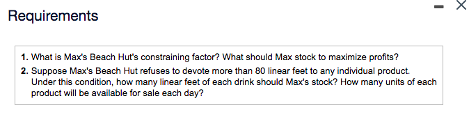 Requirements
1. What is Max's Beach Hut's constraining factor? What should Max stock to maximize profits?
2. Suppose Max's Beach Hut refuses to devote more than 80 linear feet to any individual product.
Under this condition, how many linear feet of each drink should Max's stock? How many units of each
product will be available for sale each day?
