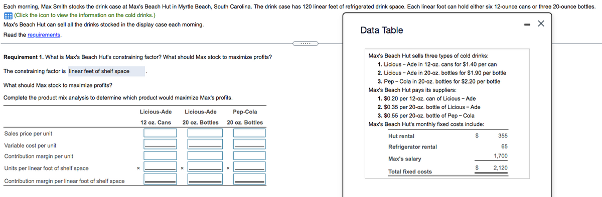 Each morning, Max Smith stocks the drink case at Max's Beach Hut in Myrtle Beach, South Carolina. The drink case has 120 linear feet of refrigerated drink space. Each linear foot can hold either six 12-ounce cans or three 20-ounce bottles.
E (Click the icon to view the information on the cold drinks.)
Max's Beach Hut can sell all the drinks stocked in the display case each morning.
Data Table
Read the requirements.
....
Requirement 1. What is Max's Beach Hut's constraining factor?? What should Max stock to maximize profits?
Max's Beach Hut sells three types of cold drinks:
1. Licious - Ade in 12-oz. cans for $1.40 per can
The constraining factor is linear feet of shelf space
2. Licious - Ade in 20-oz. bottles for $1.90 per bottle
3. Pep - Cola in 20-oz. bottles for $2.20 per bottle
What should Max stock to maximize profits?
Max's Beach Hut pays its suppliers:
Complete the product mix analysis to determine which product would maximize Max's profits.
1. $0.20 per 12-oz. can of Licious - Ade
2. $0.35 per 20-oz. bottle of Licious - Ade
Licious-Ade
Licious-Ade
Pep-Cola
3. $0.55 per 20-oz. bottle of Pep - Cola
12 oz. Cans
20 oz. Bottles
20 oz. Bottles
Max's Beach Hut's monthly fixed costs include:
Sales price per unit
Hut rental
$
355
Variable cost per unit
Refrigerator rental
65
Contribution margin per unit
Max's salary
1,700
Units per linear foot of shelf space
2,120
Total fixed costs
Contribution margin per linear foot of shelf space
