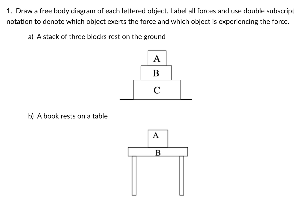 1. Draw a free body diagram of each lettered object. Label all forces and use double subscript
notation to denote which object exerts the force and which object is experiencing the force.
a) A stack of three blocks rest on the ground
А
В
b) A book rests on a table
A
