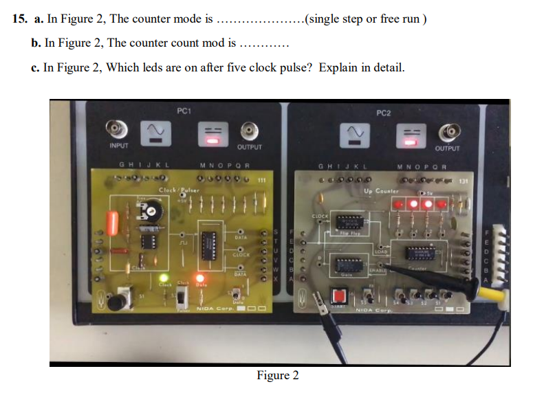 15. a. In Figure 2, The counter mode is
...(single step or free run )
b. In Figure 2, The counter count mod is .. .
c. In Figure 2, Which leds are on after five clock pulse? Explain in detail.
PC1
PC2
INPUT
OUTPUT
OUTPUT
GHIJKL
MNOPOR
GHIJKL
MNOPO R
230050 4G 11
DeDerer 131
Clock Rulser
Up Counter
CLOCK
DATA
LOAD
CLOCK
EMABL
unter
DATA
A
bale
NIDA CerP
NIDA Cerp.
Figure 2
S1U→USX
