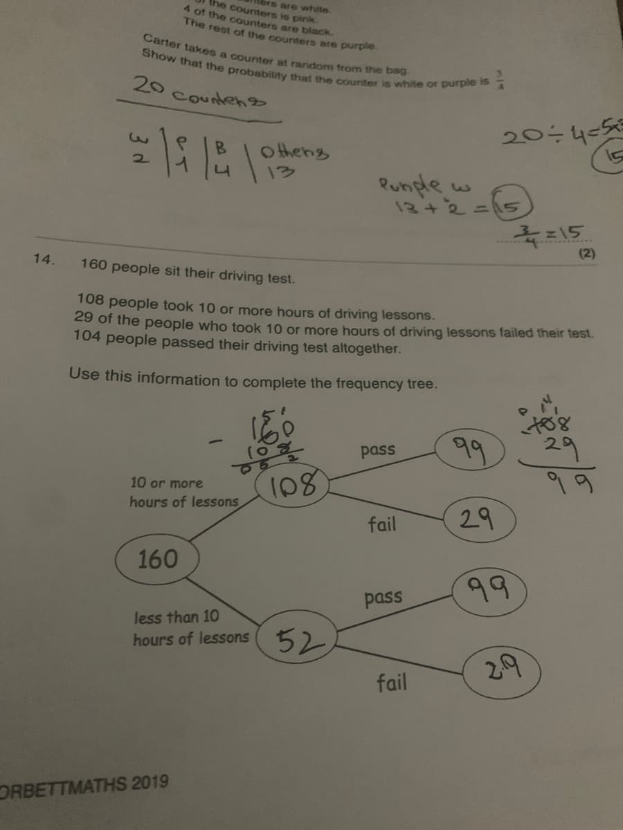 14.
the counters is pink
are white.
4 of the counters are black
The rest of the counters are purple.
Carter takes a counter at random from the bag.
Show that the probability that the counter is white or purple is
34
20 counters
20÷4-53
3
2
18 18
othens
Pundle w
13+2=
5
3=15
(2)
160 people sit their driving test.
108 people took 10 or more hours of driving lessons.
29 of the people who took 10 or more hours of driving lessons failed their test.
104 people passed their driving test altogether.
Use this information to complete the frequency tree.
+08
-
pass
10 or more
hours of lessons
108
fail
160
pass
less than 10
hours of lessons
52
fail
ORBETTMATHS 2019
99
29
99
29
99