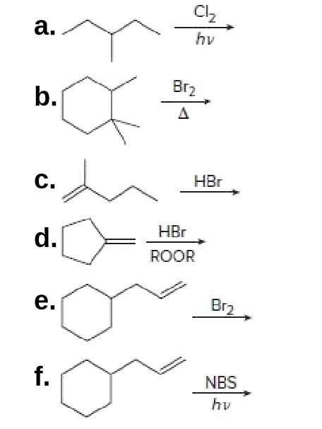 Cl2
a.
hv
Br2
b.
C.
HBr
HBr
d.
ROOR
e.
Br2
f.
NBS
hv
