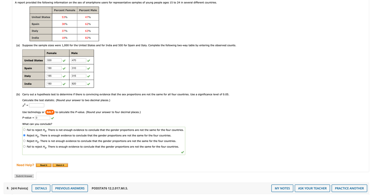 A report provided the following information on the sex of smartphone users for representative samples of young people ages 15 to 24 in several different countries.
Italy
United States
Spain
India
Italy
United States
Spain
India
=
Female
Need Help?
(a) Suppose the sample sizes were 1,000 for the United States and for India and 500 for Spain and Italy. Complete the following two-way table by entering the observed counts.
Submit Answer
530
190
Read It
Percent Female
185
8. [4/4 Points] DETAILS
180
53%
38%
37%
18%
Male
470
310
Watch It
315
Percent Male
820
(b) Carry out a hypothesis test to determine if there is convincing evidence that the sex proportions are not the same for all four countries. Use a significance level of 0.05.
Calculate the test statistic. (Round your answer to two decimal places.)
x²
47%
Use technology or SALT to calculate the P-value. (Round your answer to four decimal places.)
P-value = 0
62%
What can you conclude?
Fail to reject H
0*
There is not enough evidence to conclude that the gender proportions are not the same for the four countries.
● Reject Ho. There is enough evidence to conclude that the gender proportions are not the same for the four countries.
Reject Ho. There is not enough evidence to conclude that the gender proportions are not the same for the four countries.
Fail to reject Ho. There is enough evidence to conclude that the gender proportions are not the same for the four countries.
63%
82%
PREVIOUS ANSWERS
PODSTAT6 12.2.017.MI.S.
MY NOTES
ASK YOUR TEACHER
PRACTICE ANOTHER