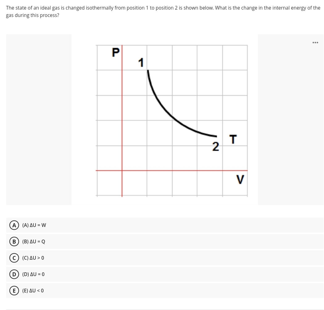 The state of an ideal gas is changed isothermally from position 1 to position 2 is shown below. What is the change in the internal energy of the
gas during this process?
...
P
1
T
2
V
A) (A) AU = W
B) (B) AU = Q
(C) AU > 0
D (D) AU = 0
E) (E) AU < 0
