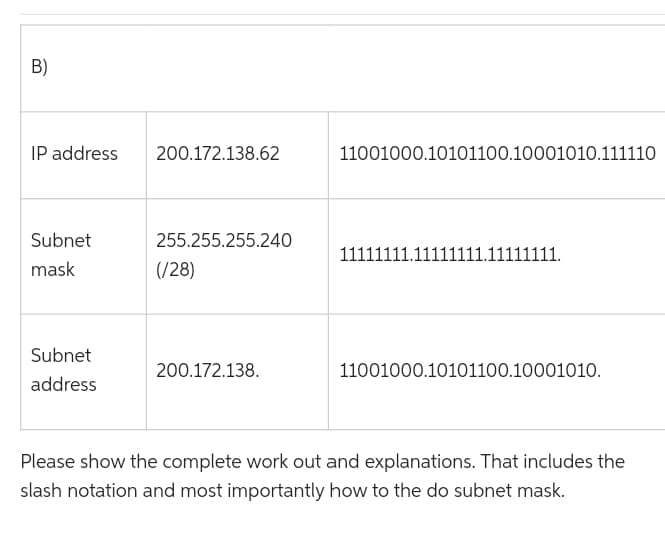 B)
IP address
200.172.138.62
11001000.10101100.10001010.111110
Subnet
255.255.255.240
11111111.
1111111.
mask
(/28)
Subnet
200.172.138.
11001000.10101100.10001010.
address
Please show the complete work out and explanations. That includes the
slash notation and most importantly how to the do subnet mask.