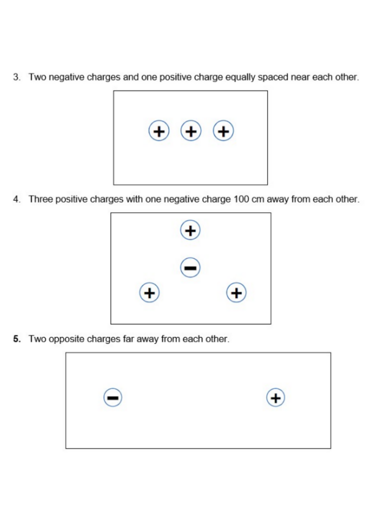 3. Two negative charges and one positive charge equally spaced near each other.
+
4. Three positive charges with one negative charge 100 cm away from each other.
+)
5. Two opposite charges far away from each other.
