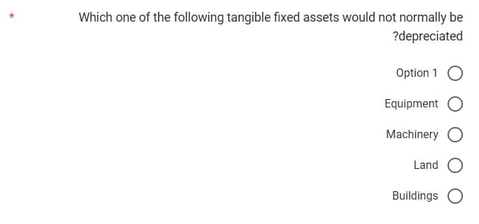 Which one of the following tangible fixed assets would not normally be
?depreciated
Option 1 O
Equipment
Machinery O
Land O
Buildings O