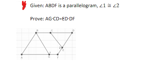 Given: ABDF is a parallelogram, <1 ≈ 42
Prove: AG-CD=ED-DF
110
2
LL
E
D