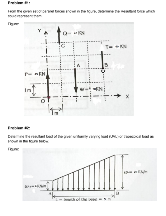 Problem #1:
From the given set of parallel forces shown in the figure, determine the Resultant force which
could represent them.
Figure:
Q= 40 KN
T= 60 KN
A
B
P= 45 KN
Im
w=t 70KN
Problem #2:
Determine the resultant load of the given uniformly varying load (UVL) or trapezoidal load as
shown in the figure below.
Figure:
w= 20 KN/m
w= 6 KN/m
|B
= length of the base = 5 m
