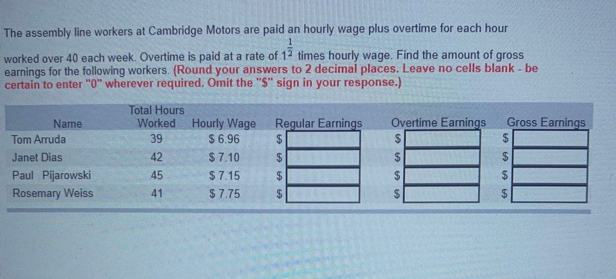 The assembly line workers at Cambridge Motors are paid an hourly wage plus overtime for each hour
worked over 40 each week. Overtime is paid at a rate of 12 times hourly wage. Find the amount of gross
earnings for the following workers. (Round your answers to 2 decimal places. Leave no cells blank - be
certain to enter "0" wherever required. Omit the "S" sign in your response.)
Total Hours
Worked
Gross Earnings
Overtime Earnings
Hourly Wage
$ 6.96
Regular Earnings
Name
Tom Arruda
39
Janet Dias
42
$7.10
Paul Pijarowski
Rosemary Weiss
45
$7.15
$.
41
$7.75
$.
2.
%24
%24
