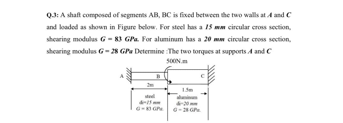 Q.3: A shaft composed of segments AB, BC is fixed between the two walls at A and C
and loaded as shown in Figure below. For steel has a 15 mm circular cross section,
shearing modulus G = 83 GPa. For aluminum has a 20 mm circular cross section,
shearing modulus G = 28 GPa Determine :The two torques at supports A and C
500N.m
B
2m
1.5m
steel
aluminum
di=15 mm
di=20 mm
G = 83 GPa.
G = 28 GPa.
