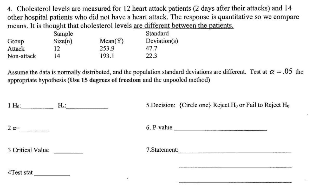 4. Cholesterol levels are measured for 12 heart attack patients (2 days after their attacks) and 14
other hospital patients who did not have a heart attack. The response is quantitative so we compare
means. It is thought that cholesterol levels are different between the patients.
Standard
Sample
Size(n)
12
Mean(Y)
253.9
Deviation(s)
Group
Attack
47.7
Non-attack
14
193.1
22.3
Assume the data is normally distributed, and the population standard deviations are different. Test at a =.05 the
appropriate hypothesis (Use 15 degrees of freedom and the unpooled method)
1 Họ:
Ha:
5.Decision: {Circle one} Reject Họ or Fail to Reject Ho
2 a=
6. P-value
3 Critical Value
7.Statement:
4Test stat
