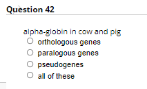 Question 42
alpha-globin in cow and pig
orthologous genes
O paralogous genes
O pseudogenes
O all of these
