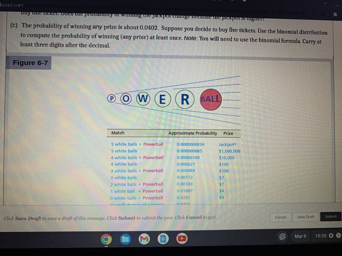 board.com/webapps/discussionboard/do/message?action=create&do=create&postfirstedit=true&requestType-thread&course_id=_21308_1&nav=di.
buy one ticket. Does the probadmity or winning une jackpot change because the jackpot is migner!
(c) The probability of winning any prize is about 0.0402. Suppose you decide to buy five tickets. Use the binomial distribution
to compute the probability of winning (any prize) at least once. Note: You will need to use the binomial formula. Carry at
least three digits after the decimal.
Figure 6-7
P OWE
**********
Match
5 white balls + Powerball
5 white balls
4 white balls + Powerball
4 white balls
3 white balls + Powerball
3 white balls
2 white balls + Powerball
1 white ball + Powerball
0 white balls + Powerball
Overall chance ofriesine
R BALL
Approximate Probability Prize
0.0000000034
0.000000085
0.00000109
0.000027
0.000069
0.00172
0.00143
0.01087
0.0261
00405
Click Save Draft to save a draft of this message. Click Submit to submit the post. Click Cancel to quit.
K
(
Jackpot
$1,000,000
$10,000
$100
$100
$4
Cancel
Save Draft
Mar 9
Submit
10:20 > 0