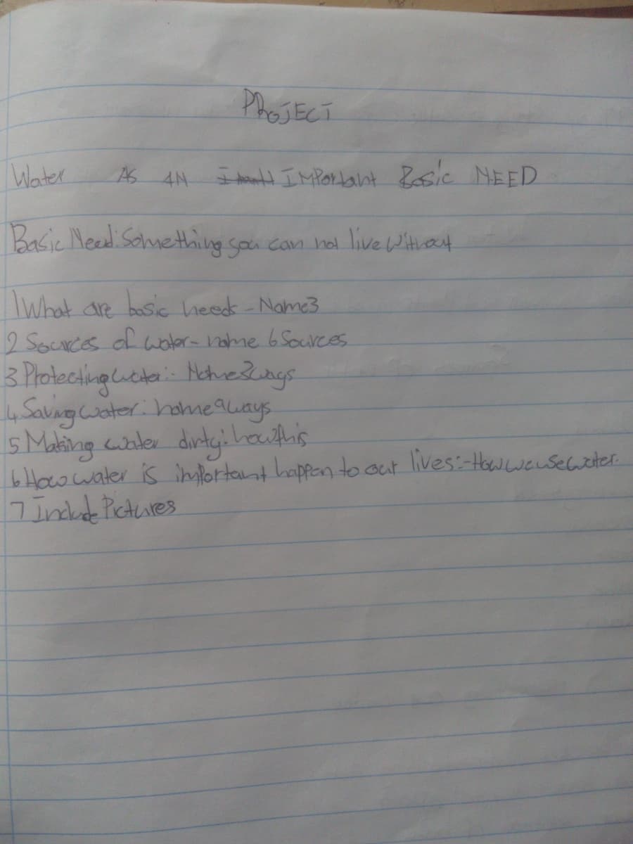 PROJECT
Water
Basic Mead: Something you can not live without
What are basic needs - Name3
2 Sources of water- nome 6 Sources
3 Protecting wate: Nomes ways
14. Saving water home aways.
5 Making water dirty: how this
6 How water is important happen to our lives: How wenselweter.
7 Include Pictures
AS AN IM Important Basic NEED