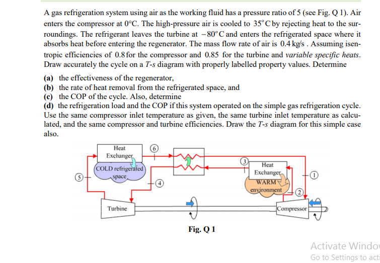 A gas refrigeration system using air as the working fluid has a pressure ratio of 5 (see Fig. Q 1). Air
enters the compressor at 0°C. The high-pressure air is cooled to 35°Cby rejecting heat to the sur-
roundings. The refrigerant leaves the turbine at –80°C and enters the refrigerated space where it
absorbs heat before entering the regenerator. The mass flow rate of air is 0.4 kg's . Assuming isen-
tropic efficiencies of 0.8 for the compressor and 0.85 for the turbine and variable specific heats.
Draw accurately the cycle on a T-s diagram with properly labelled property values. Determine
(a) the effectiveness of the regenerator,
(b) the rate of heat removal from the refrigerated space, and
(c) the COP of the cycle. Also, determine
(d) the refrigeration load and the COP if this system operated on the simple gas refrigeration cycle.
Use the same compressor inlet temperature as given, the same turbine inlet temperature as calcu-
lated, and the same compressor and turbine efficiencies. Draw the T-s diagram for this simple case
also.
Heat
Exchanger
Нeat
(COLD refrigerated
Exchanger.
WARM
space
environment
Compressor
Turbine
Fig. Q 1
Activate Windov
Go to Settings to acti
