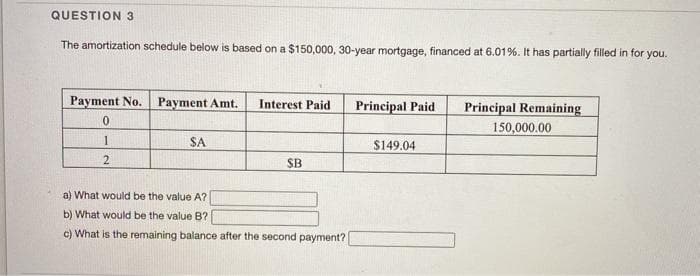 QUESTION 3
The amortization schedule below is based on a $150,000, 30-year mortgage, financed at 6.01%. It has partially filled in for you.
Payment No. Payment Amt.
Interest Paid
Principal Remaining
150,000.00
Principal Paid
SA
$149.04
SB
a) What would be the value A?
b) What would be the value B?
c) What is the remaining balance after the second payment?
