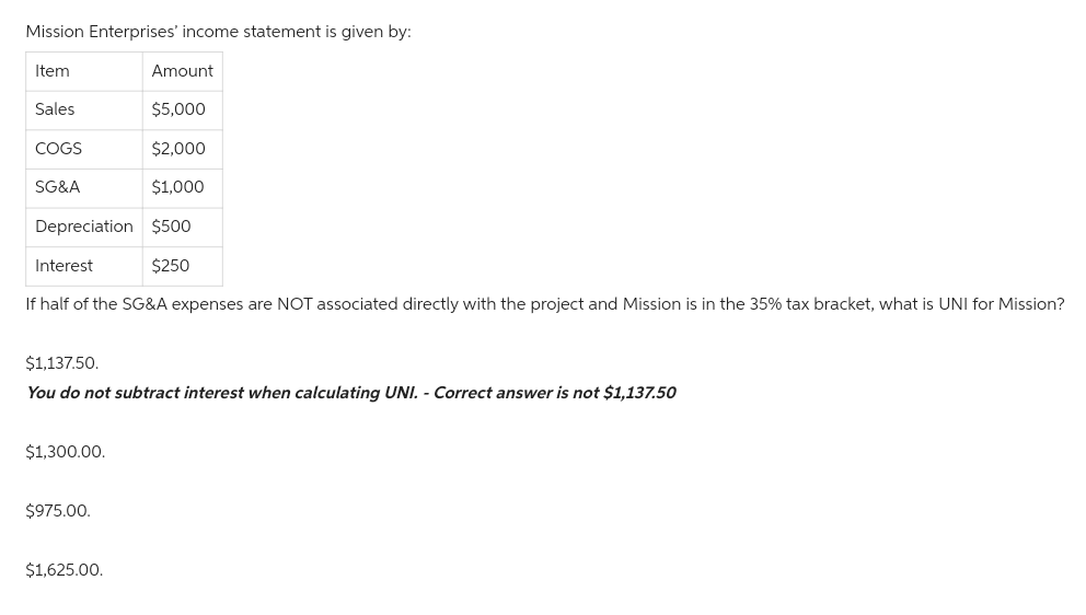 Mission Enterprises' income statement is given by:
Item
Sales
Amount
$5,000
$2,000
$1,000
Depreciation $500
$250
COGS
SG&A
Interest
If half of the SG&A expenses are NOT associated directly with the project and Mission is in the 35% tax bracket, what is UNI for Mission?
$1,137.50.
You do not subtract interest when calculating UNI. - Correct answer is not $1,137.50
$1,300.00.
$975.00.
$1,625.00.