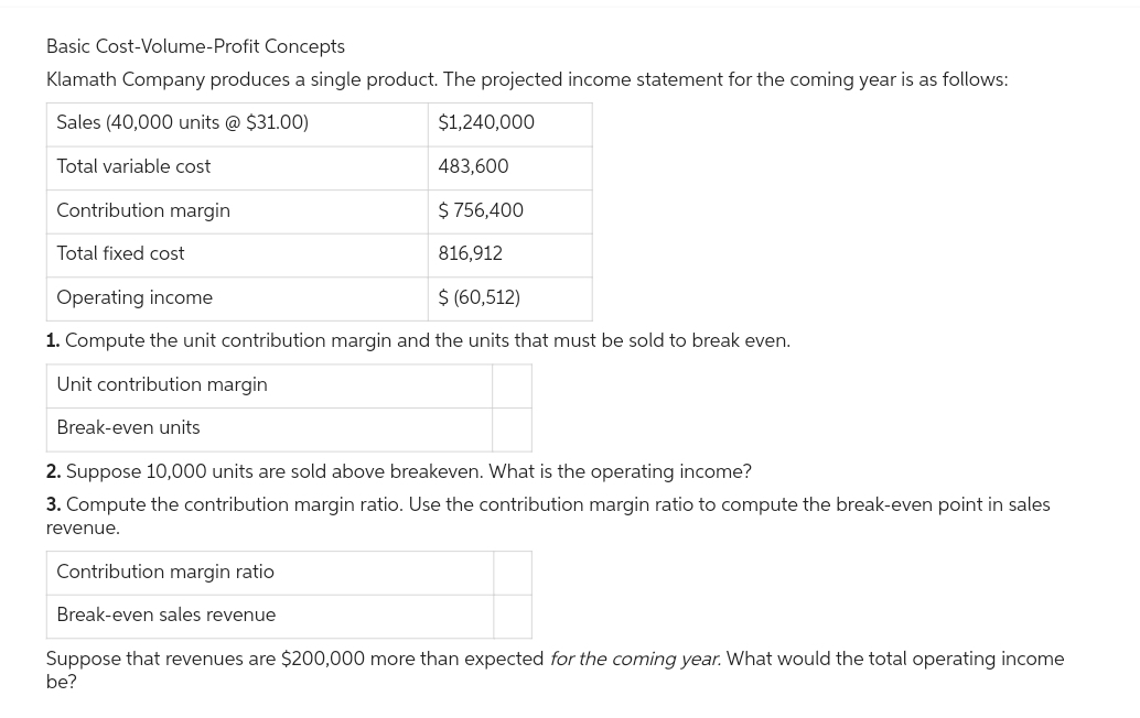 Basic Cost-Volume-Profit Concepts
Klamath Company produces a single product. The projected income statement for the coming year is as follows:
Sales (40,000 units @ $31.00)
$1,240,000
Total variable cost
483,600
Contribution margin
$ 756,400
Total fixed cost
816,912
Operating income
$ (60,512)
1. Compute the unit contribution margin and the units that must be sold to break even.
Unit contribution margin
Break-even units
2. Suppose 10,000 units are sold above breakeven. What is the operating income?
3. Compute the contribution margin ratio. Use the contribution margin ratio to compute the break-even point in sales
revenue.
Contribution margin ratio
Break-even sales revenue
Suppose that revenues are $200,000 more than expected for the coming year. What would the total operating income
be?