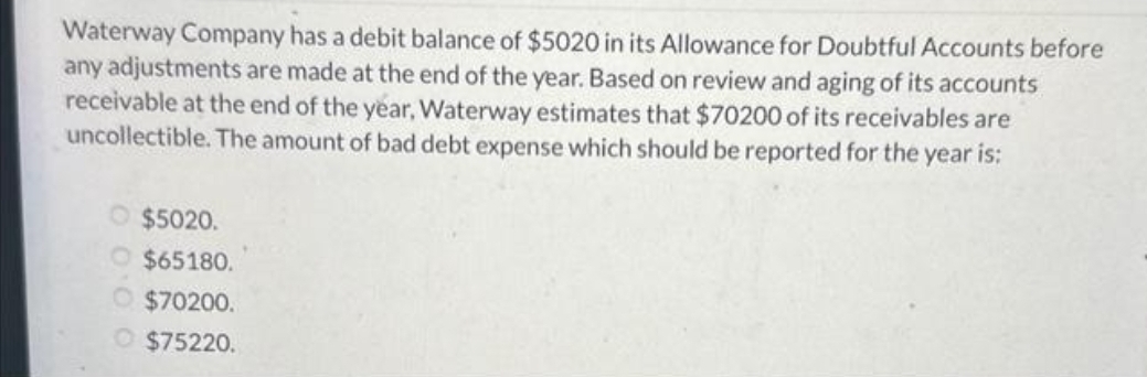 Waterway Company has a debit balance of $5020 in its Allowance for Doubtful Accounts before
any adjustments are made at the end of the year. Based on review and aging of its accounts
receivable at the end of the year, Waterway estimates that $70200 of its receivables are
uncollectible. The amount of bad debt expense which should be reported for the year is:
O $5020.
$65180.
$70200.
O $75220.