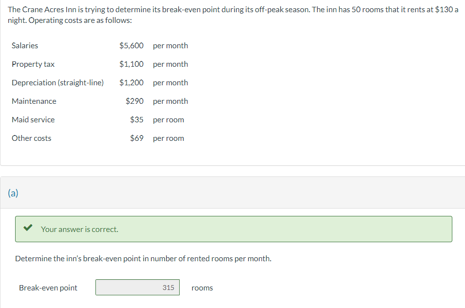 The Crane Acres Inn is trying to determine its break-even point during its off-peak season. The inn has 50 rooms that it rents at $130 a
night. Operating costs are as follows:
Salaries
Property tax
Depreciation (straight-line)
Maintenance
Maid service
Other costs
(a)
Your answer is correct.
$5,600 per month
$1,100 per month
$1,200
per month
$290
per month
$35
per room
$69 per room
Determine the inn's break-even point in number of rented rooms per month.
Break-even point
315
rooms