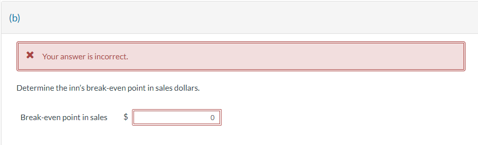 (b)
* Your answer is incorrect.
Determine the inn's break-even point in sales dollars.
Break-even point in sales
LA