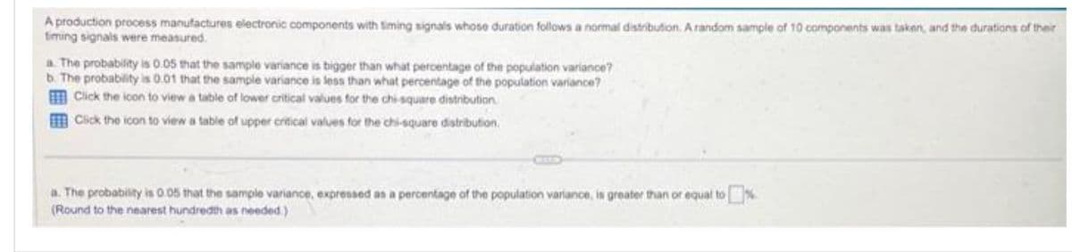 A production process manufactures electronic components with timing signals whose duration follows a normal distribution. A random sample of 10 components was taken, and the durations of their
timing signals were measured.
a. The probability is 0.05 that the sample variance is bigger than what percentage of the population variance?
b. The probability is 0.01 that the sample variance is less than what percentage of the population variance?
Click the icon to view a table of lower critical values for the chi-square distribution
Click the icon to view a table of upper critical values for the chi-square distribution.
a. The probability is 0.05 that the sample variance, expressed as a percentage of the population variance, is greater than or equal to
(Round to the nearest hundredth as needed.)