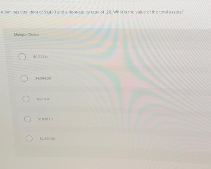 A firm has total debt of $1,430 and a debt-equity ratio of 28. What is the value of the total assets?
Multiple Choice
$6,53714
$4,004.00
$5,10714
$1,830,40
$2,800.00