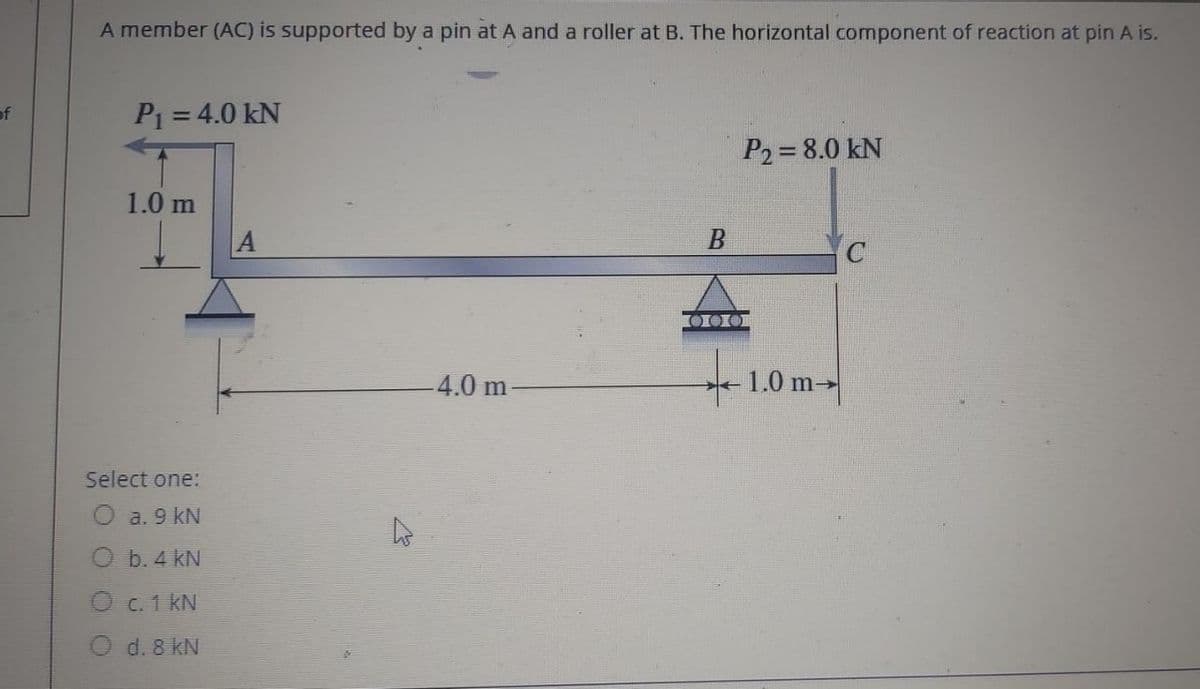 A member (AC) is supported by a pin at A and a roller at B. The horizontal component of reaction at pin A is.
of
P₁ = 4.0 kN
P2 = 8.0 KN
1.0 m
C
-4.0 m-
Select one:
a. 9 kN
O b. 4 kN
O c. 1 kN
O d. 8 kN
As
B
OIOIO
1.0 m