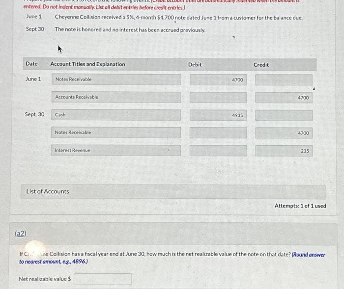 entered. Do not indent manually. List all debit entries before credit entries.)
June 1
Sept 30
Date
June 1
Sept. 30
(a2)
Cheyenne Collision received a 5%, 4-month $4,700 note dated June 1 from a customer for the balance due
The note is honored and no interest has been accrued previously.
Account Titles and Explanation
Notes Receivable
Accounts Receivable
Cash
Notes Receivable
Interest Revenue
List of Accounts
Debit
4700
ted wr
4935
Credit
4700
4700
235
Attempts: 1 of 1 used
If Cine Collision has a fiscal year end at June 30, how much is the net realizable value of the note on that date? (Round answer
to nearest amount, e.g., 4896.)
Net realizable value $