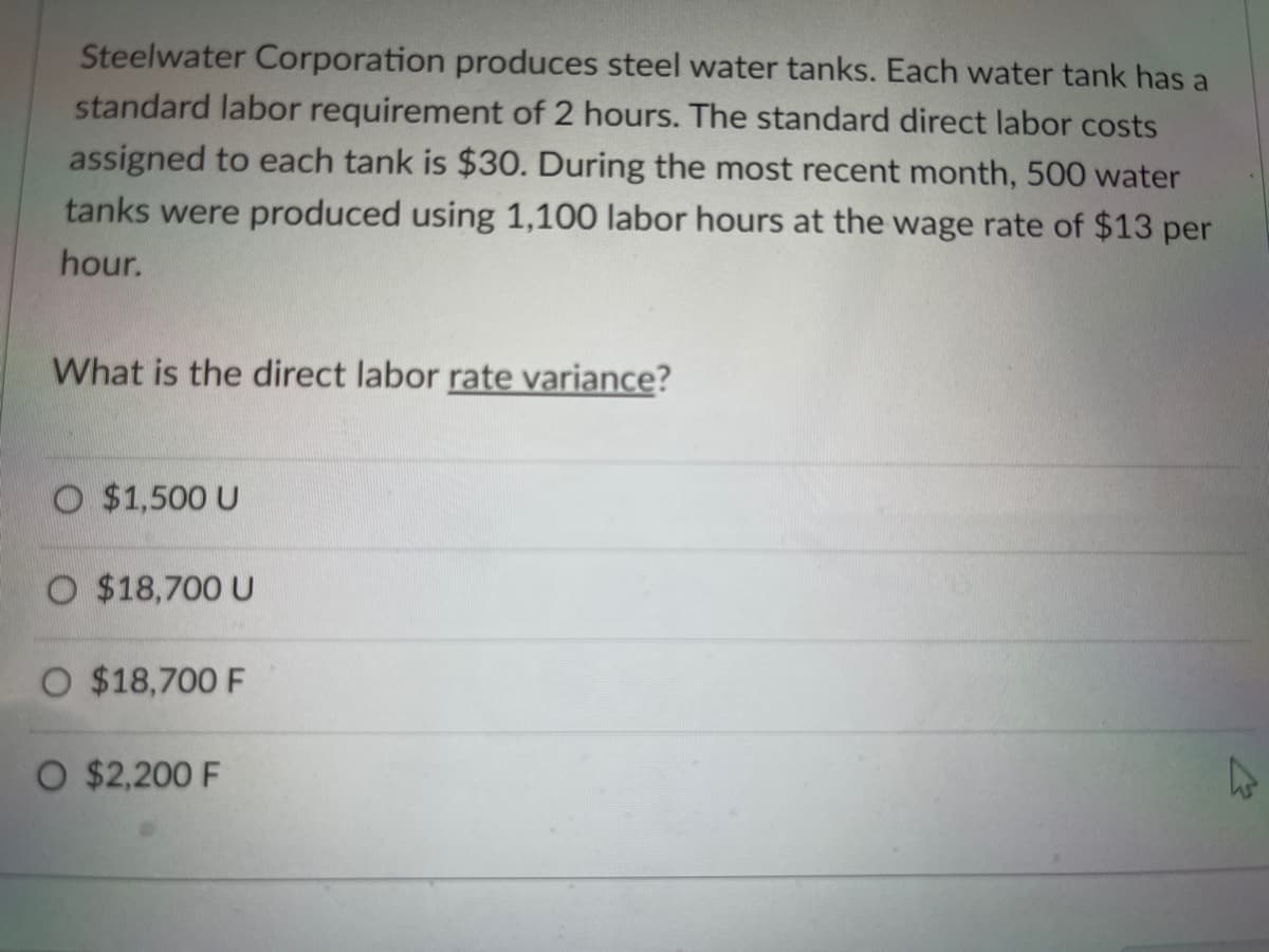 Steelwater Corporation produces steel water tanks. Each water tank has a
standard labor requirement of 2 hours. The standard direct labor costs
assigned to each tank is $30. During the most recent month, 500 water
tanks were produced using 1,100 labor hours at the wage rate of $13 per
hour.
What is the direct labor rate variance?
O $1,500 U
$18,700 U
O $18,700 F
O $2,200 F
