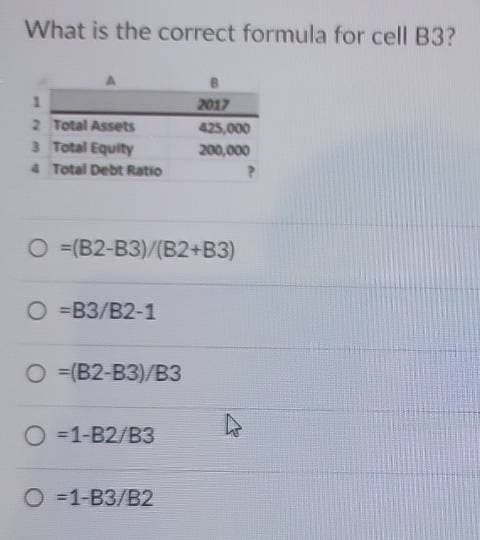 What is the correct formula for cell B3?
1
2 Total Assets
3 Total Equity
4 Total Debt Ratio
O =(B2-B3)/(B2+B3)
O=B3/B2-1
O =(B2-B3)/B3
O=1-B2/B3
2017
425,000
200,000
O=1-B3/B2