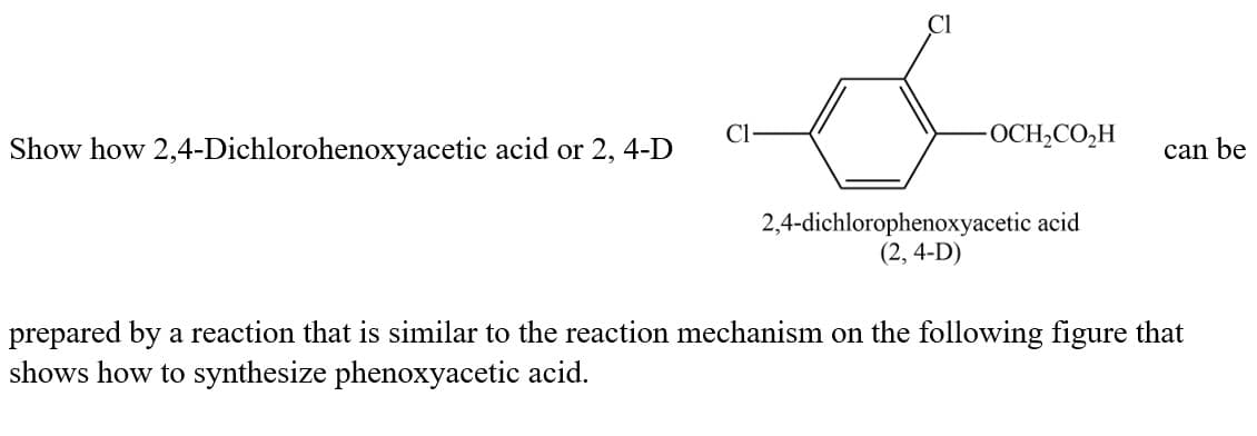 C1-
Cl
-OCH₂CO₂H
Show how 2,4-Dichlorohenoxyacetic acid or 2, 4-D
can be
2,4-dichlorophenoxyacetic acid
(2, 4-D)
prepared by a reaction that is similar to the reaction mechanism on the following figure that
shows how to synthesize phenoxyacetic acid.